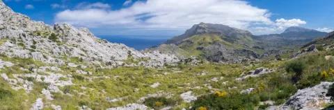 Berglandschaft mit grüner Wiese und einzelnen weißen Felsen unter leicht bewölktem Himmel