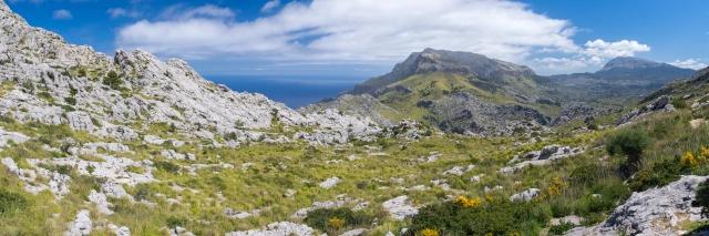 Berglandschaft mit grüner Wiese und einzelnen weißen Felsen unter leicht bewölktem Himmel
