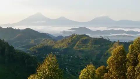 Panoramablick auf eine grüne Hügellandschaft mit Bergen im Hintergrund, die von Nebel durchzogen sind.